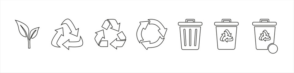 Green eco icons set including plant sprout, three types of recycling symbols, circular arrow, trash bin, recycling bin, and recycling bin with lid open. Flat vector illustration on white background. 