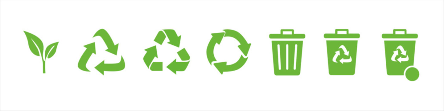 Green eco icons set including plant sprout, three types of recycling symbols, circular arrow, trash bin, recycling bin, and recycling bin with lid open. Flat vector illustration on white background. 