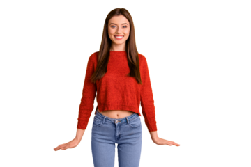 Portrait of positive cheerful girl have fun enjoy her free time with friends look stare feel content candid emotions wear red pullover sweater isolated over yellow color background
