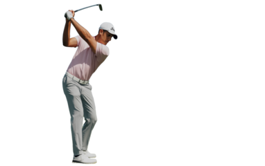 A professional golf photograph capturing a male golfer mid-swing on a pristine golf course. isolated on a transparent background