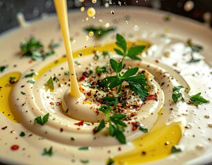 Creamy, light-beige dip, swirling with oil and herbs, being poured