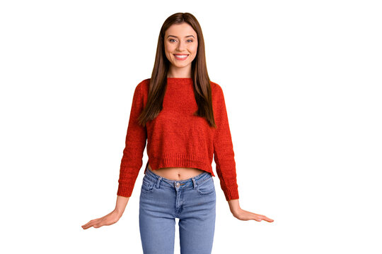 Fototapeta Portrait of positive cheerful girl have fun enjoy her free time with friends look stare feel content candid emotions wear red pullover sweater isolated over yellow color background