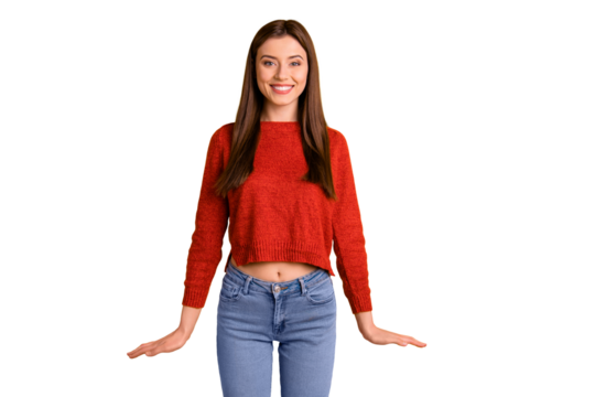 Portrait of positive cheerful girl have fun enjoy her free time with friends look stare feel content candid emotions wear red pullover sweater isolated over yellow color background