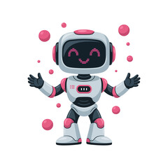 Playful robot with pink bubbles, happy gesture, glossy visor, friendly companion droid, modern tech character, vector graphic