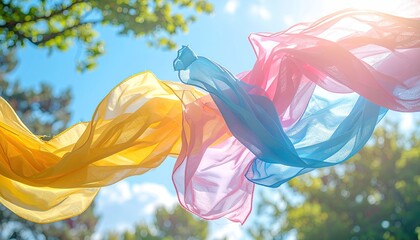 Colorful fabrics billow in the wind against a bright sky