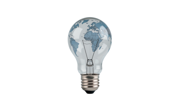 a light bulb featuring the Earth's continents, symbolizing global innovation, idea
