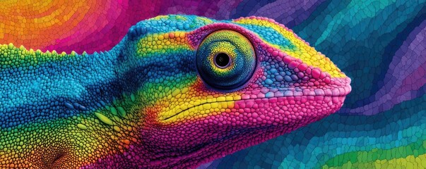 A vibrant chameleon creative announcement concept. Vibrant and colorful gecko against a psychedelic background.