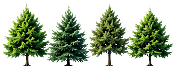 Naklejka premium Four evergreen trees in a row with lush green foliage stand tall and proud. Each tree is unique, but together they form a harmonious composition.