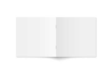 Vector mockup of white paperback square magazine spread cover isolated. Realistic softcover book, brochure or booklet template opened on white background. 3d illustration.