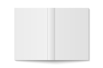 Vector mockup of white hardcover vertical book spread cover isolated. Realistic magazine, brochure or booklet template opened on white background. 3d illustration.
