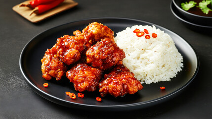Spicy korean fried chicken with steamed rice and chili peppers