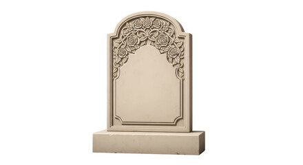 Isolated memorial tombstone with rose decoration, blank stone for writing, commemorative