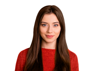 Close up photo of charming nice pretty stylish girl feel she is real successful businesswoman ready to work in big company wear red pullover isolated over yellow color background