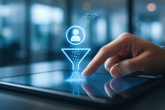Sales pipeline lead scoring concept with digital funnel and user icon on tablet screen for 2026 business growth strategy