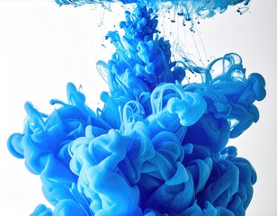 Vibrant blue ink swirling in water against a white background