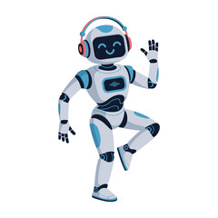 Playful dancing robot, one leg lifted, energetic rhythm pose, cute futuristic character, kids technology mascot, cheerful vector illustration