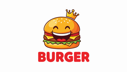 A cheerful cartoon burger wearing a golden crown, with a wide smile and happy eyes, sits above the bold red word "BURGER" on a white background, suggesting a...