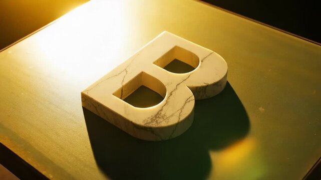 Sweeping beam lighting marble letter B on green studio platform, revealing veining and lens flare