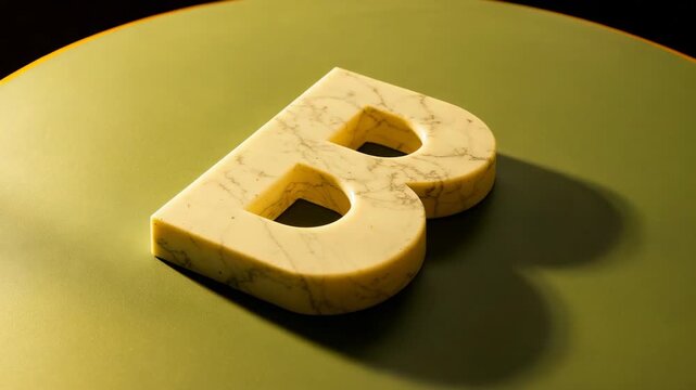 Sweeping warm light illuminating marble letter B on olive-green tabletop revealing grey veining