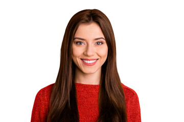 Close up photo of pretty positive cheerful girl look stare listen her friends have fun on winter...