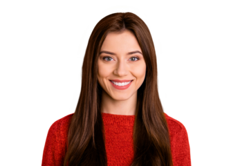 Close up photo of pretty positive cheerful girl look stare listen her friends have fun on winter holidays weekends wear red jumper isolated over bright color background