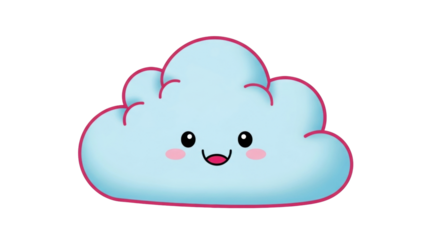 Isolated Kawaii light blue cloud with pink cheeks and pink outline floating in sky