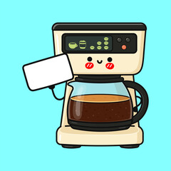 Cute coffee maker character holding blank sign