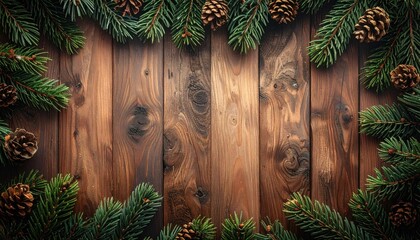 Christmas-themed, rustic wooden background with pine boughs and cones
