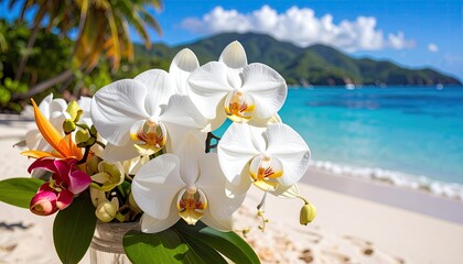 White orchids and tropical flowers on a beach
