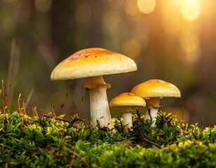 Three mushrooms on mossy ground, bathed in golden sunlight
