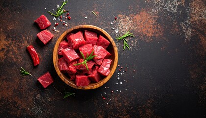 Wooden bowl of cubed raw beef, herbs and spices on dark surface