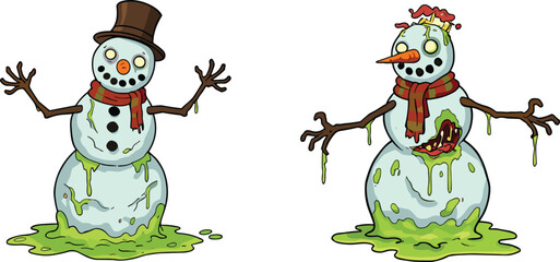 Creepy zombie snowman cartoon, scary Christmas monster illustration, horror holiday character design, undead winter creature, spooky festive artwork, funny scary drawing