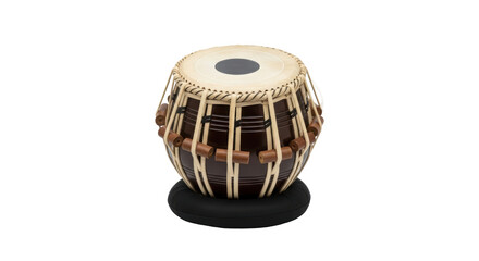 Isolated Indian percussion instrument tabla with brown body and circular stretched leather skin