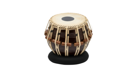 Isolated Indian percussion instrument tabla with brown body and circular stretched leather skin