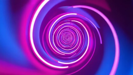 Opening shot showing viewer perspective traveling neon tunnel, rings rotating in magenta blue glow - Powered by Adobe
