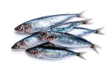 Fototapeta premium A pile of six sardines is shown against a stark white background