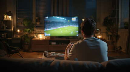 Young Man Playing Football or Soccer Video Game on TV with Game Controller in Cozy Living Room Interior at Night