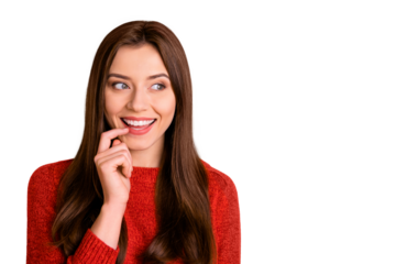 Close up photo of lovely minded positive funny lady think plan to do trick with her best friends wear good look outfit jumper isolated over yellow color background