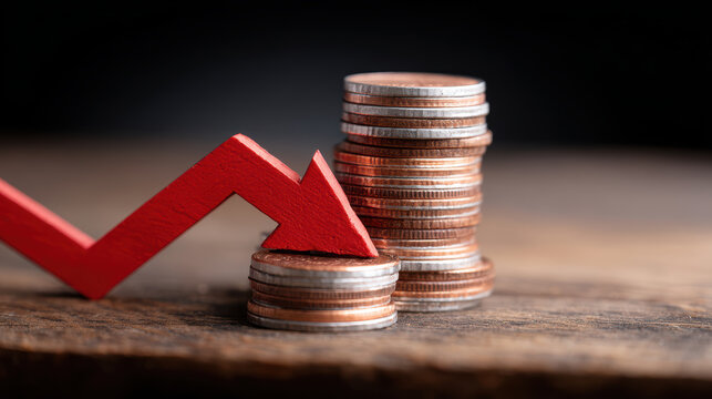 Falling red arrow on coins signifies financial crisis. concept of emerging market debt and economic recession symbolizes decrease in investment and profit decline