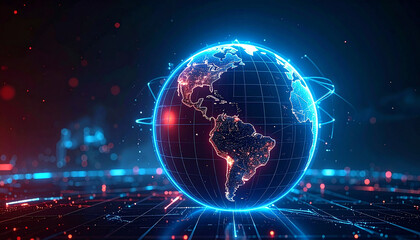 Obraz premium Global Digital Connectivity: A futuristic digital depiction of the Earth, enveloped in a network of illuminated connections, symbolizing global digital transformation, data, and communication.