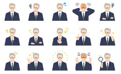 企業の管理職の表情イラストセット。フラットデザイン。