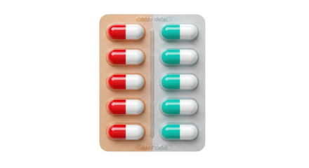 Isolated Blister Pack of Capsules with Red and Blue Half-Colors, Pharmaceutical Packaging