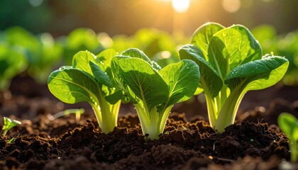 Obraz premium Close-up of young bok choy plants in soil, bathed in sunlight