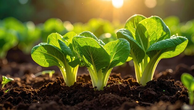 Close-up of young bok choy plants in soil, bathed in sunlight