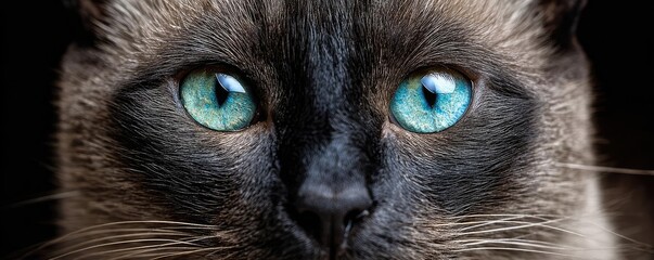 Portrait of cat with big fearful eyes concept. Close-up of a Siamese cat with striking blue eyes and dark fur.