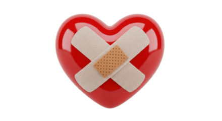 Isolated red heart shape with bandage cross, symbol of heartbreak and healing concept