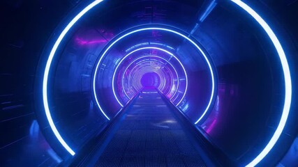 Activating moving walkway carrying viewer through tunnel, with neon rings pulsing for light show - Powered by Adobe