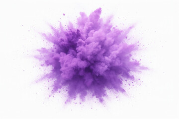 Purple violet lilac powder dust explosion on white background.
