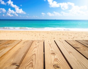 Fototapeta premium Wooden deck overlooking a sandy beach and turquoise ocean under a partly cloudy sky