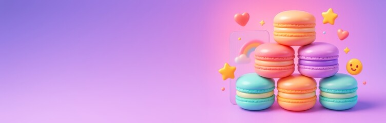 Colorful macarons with cute emoji decorations on gradient background, perfect for sweet dessert design, banner, or poster template concept. Ai generative